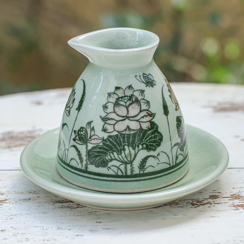 Novica Handmade Luxuriant Lotus Celadon Ceramic Milk Pitcher And Saucer