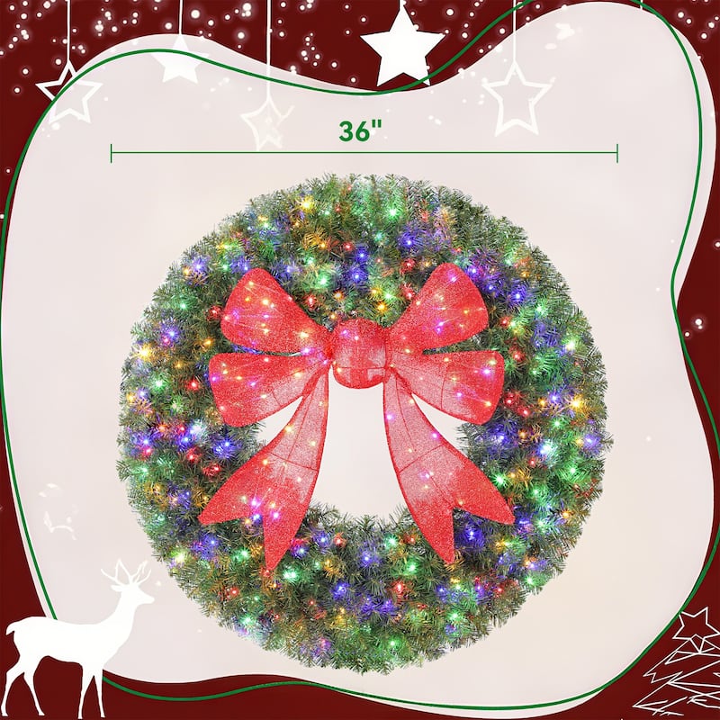 HOMCOM 36in Pre-Lit Xmas Wreath: 140 LED, 11 Modes, Remote, 3D Bow, Indoor/Outdoor