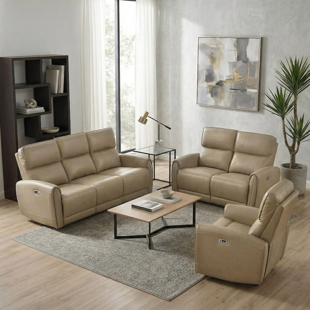 Furniture of America Elente Modern 3-Piece Faux Leather Power Recline Sofa Set with USB Ports