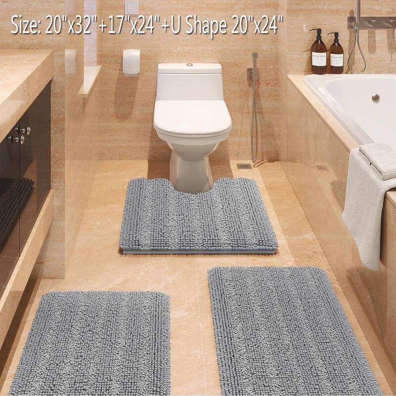 Ultra Soft Striped Non Slip Chenille Bathroom Rug Set 3 Pieces - Light Gray