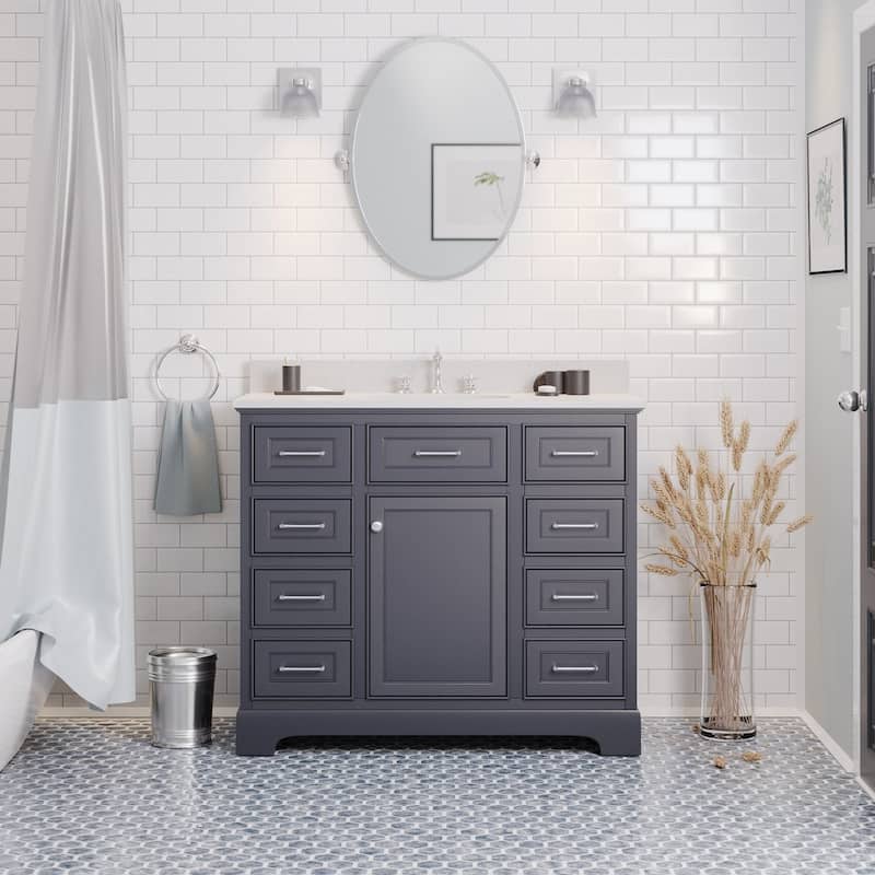 KitchenBathCollection Aria 42" Bathroom Vanity with Quartz Top - Marine Gray