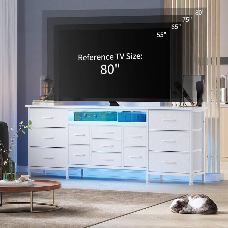 70 Inch Long Dresser TV Stand with 13 Chest of Fabric Drawers, Power Outlets and LED Lights