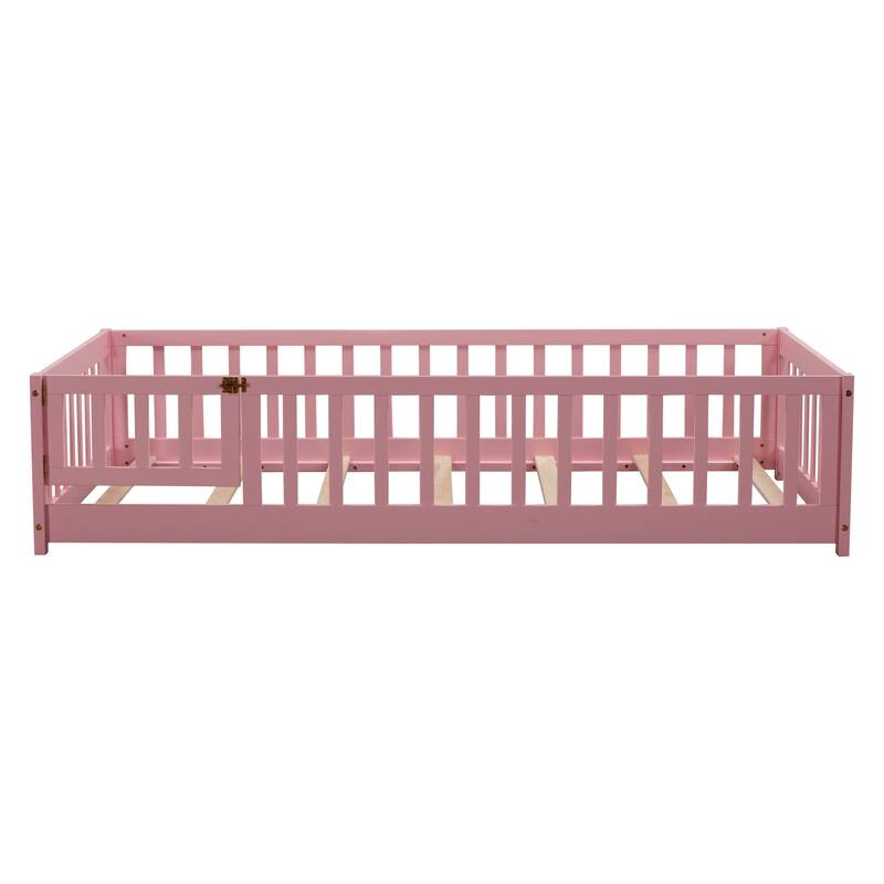 Floor Bed with Fence,Door and Safety Guardrails,Perfect for Kids' Play,Sleep and Development - Pink-Twin Size