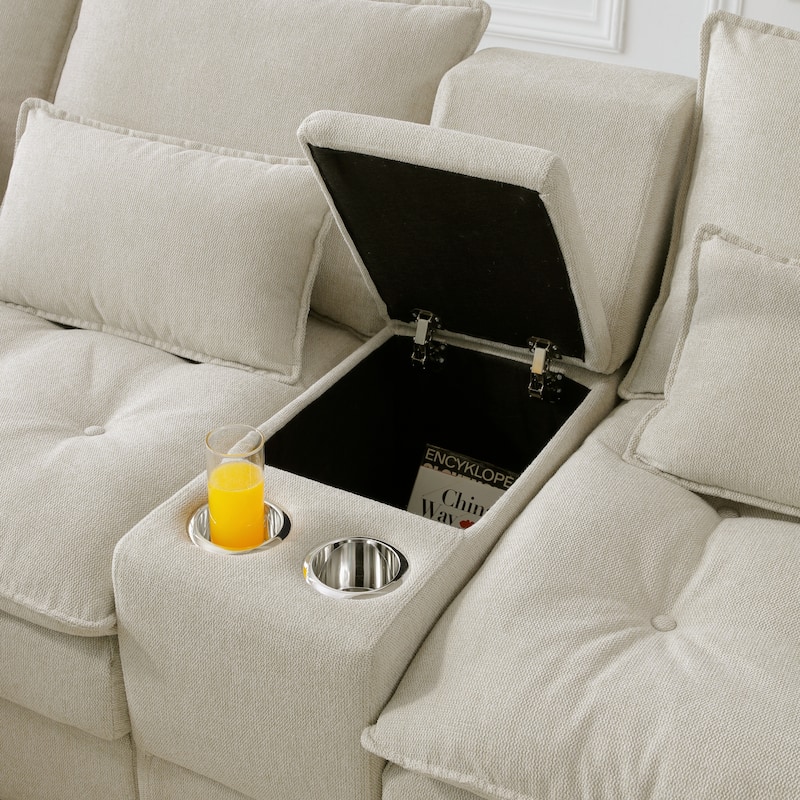U-shaped Sectional Sofa with Chaise, Built-in Storage Console and Cup Holders, Linen Double-Layer Cushioning Lounge Couch