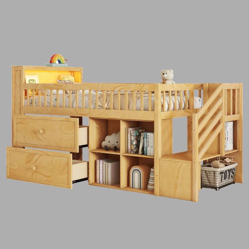 Kids Twin Loft Bed with LED, Staircase, Storage Drawers & Shelves, Solid Wood Frame - Safe & Functional - Natural - Twin
