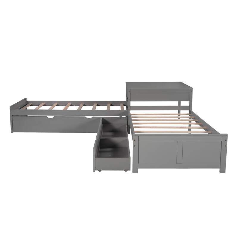 L-Shaped Twin Platform Bed with Trundle and Built-in Desk, Wood Frame with Storage Drawers for Living Room, Guest Rooms