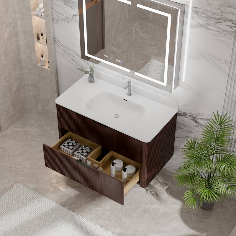 Modland Fluted Floating Vanity with Sink, Plywood Wall Mount Cabinet, Curved Edge, 24/30/36 Inch