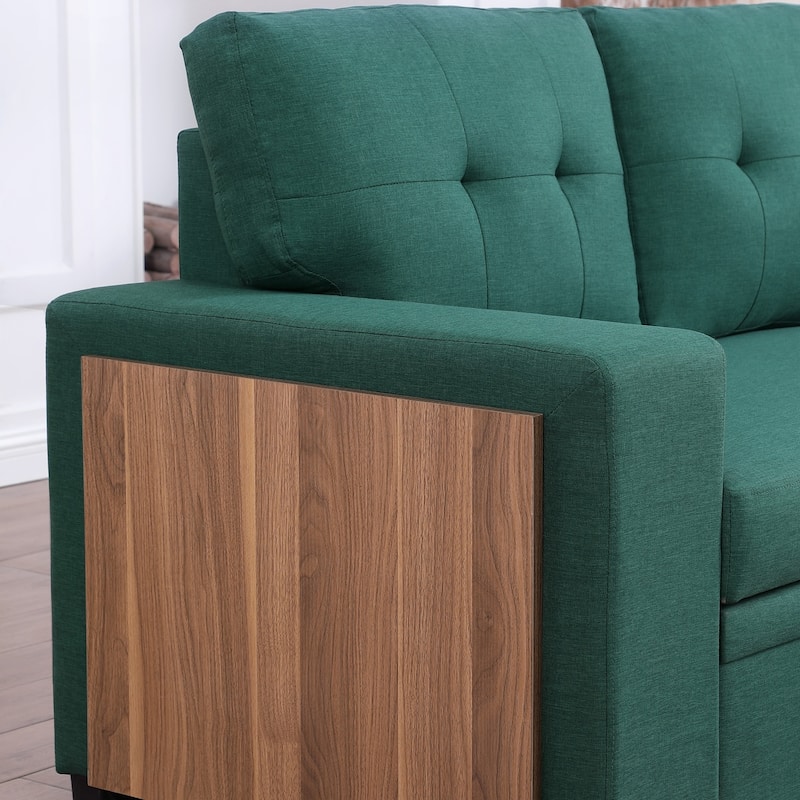 Linen L-Shaped Convertible Sectional Sofa Bed with Storage and Wooden Accent