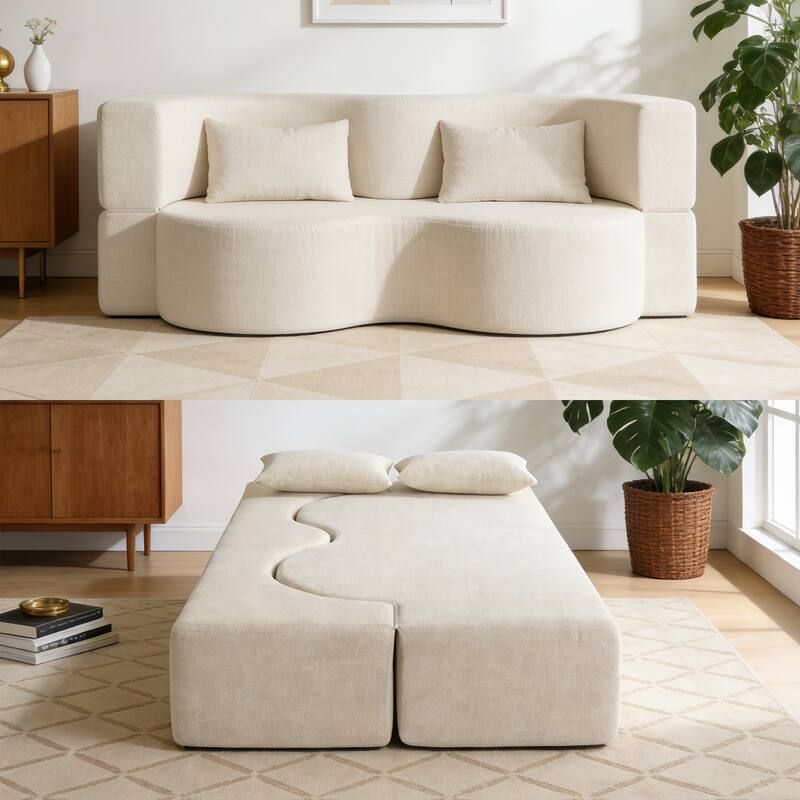 75 Inch Memory Foam 2-in-1 Foldable Sleeper Sofa Bed w/ 2 Pillows for Living Room