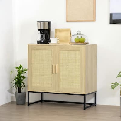 Boho Sideboard Buffet Cabinet with Hand-Woven Rattan Doors, Adjustable Shelf & Metal Base for Living Room and Kitchen, Natural