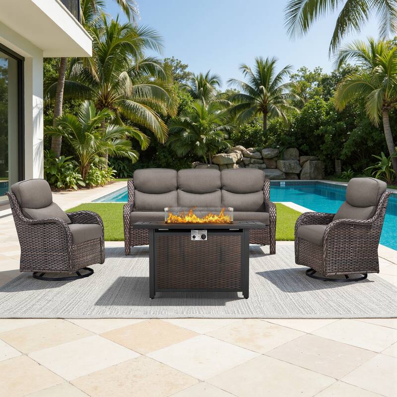 Meyreso 4-Piece Outdoor Patio Metal Fire Pit Wicker Conversation Set with 5-Inch Thick Olefin Cushions