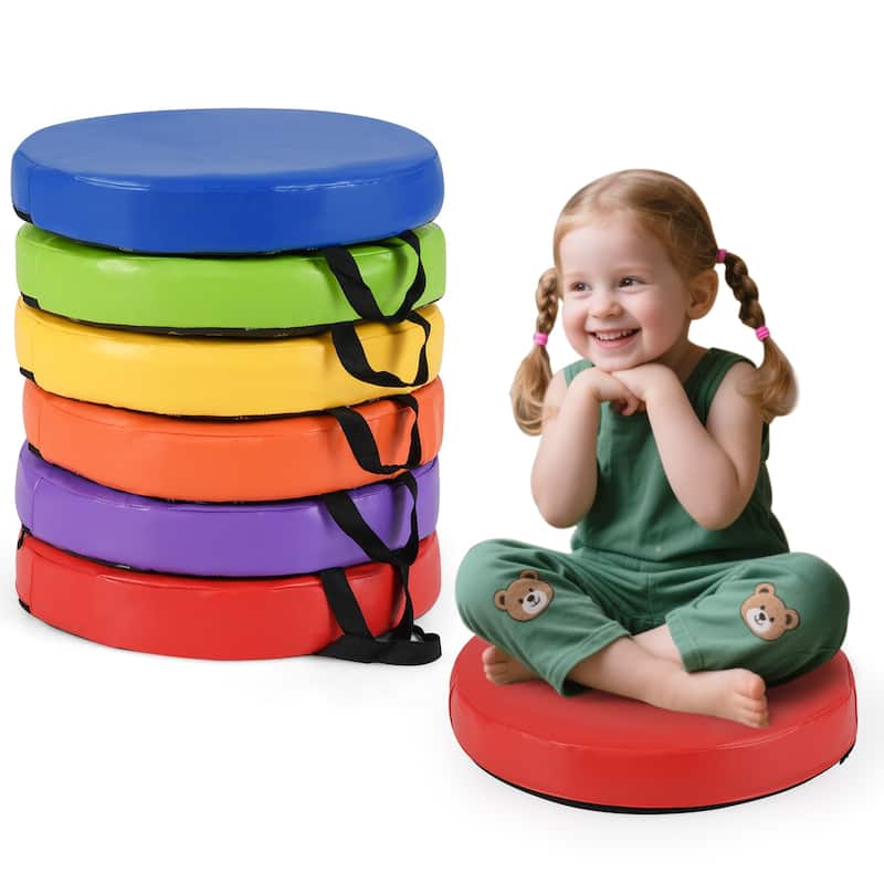 Set of 6 Colorful Stackable Kids Floor Cushions with Handles and PU Foam Seats for Classroom or Home - 14" x 14" x 2.5"