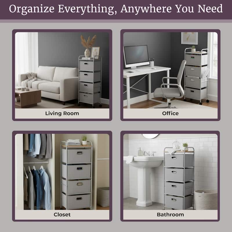 4-Drawer Fabric Dresser - Slim Clothes Storage Organizer with Wheels and Metal Frame by Lavish Home (Gray)