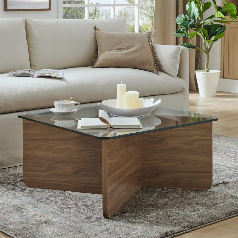 Mid-Century Modern Square Coffee Table Industrial Minimalist Glass Coffee Table with Tempered Glass Top, for Living Room