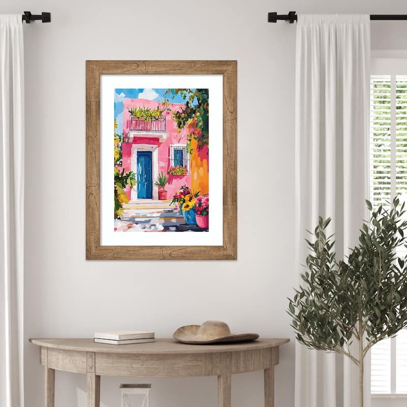 Colorful Mediterranean House Pink Flowers Blue Wood Framed Wall Art Print