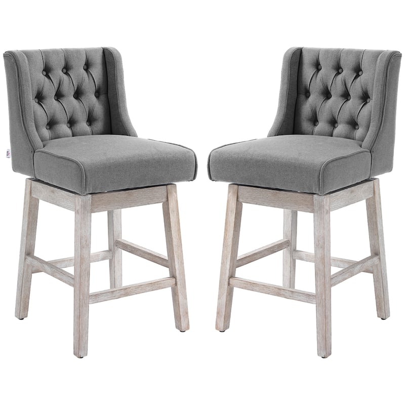 Set of 2 Vintage Swivel Counter Height Bar Stools with Linen Upholstered and Rubber Wood Legs - 18" L x 22.5" W x 39.75" D