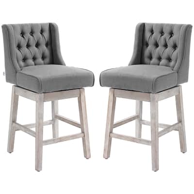 Set of 2 Vintage Swivel Counter Height Bar Stools with Linen Upholstered and Rubber Wood Legs - 18" L x 22.5" W x 39.75" D