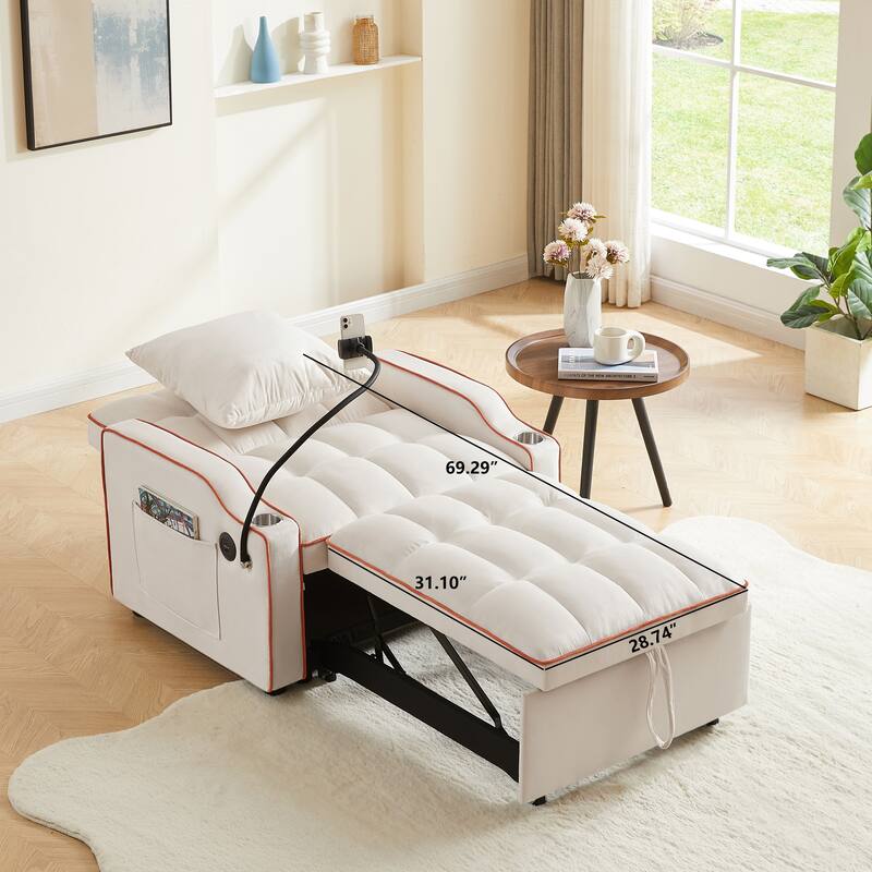 Convertible Pull-Out Chair Bed with USB Ports, Adjustable Backrest & Cup Holder