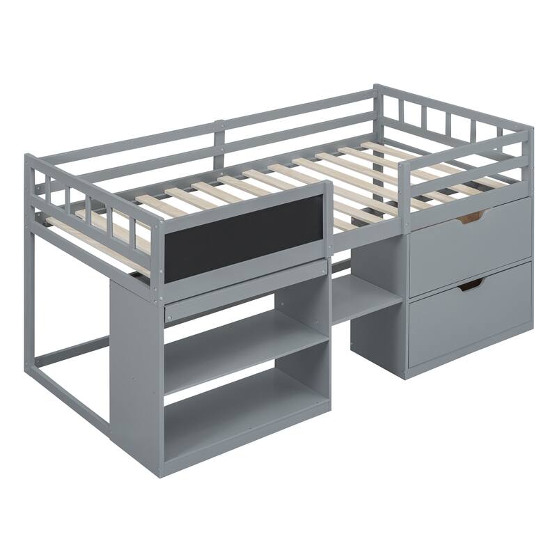 Low Loft Bed Twin with Storage Drawers, Rolling Desk, and Bookshelf