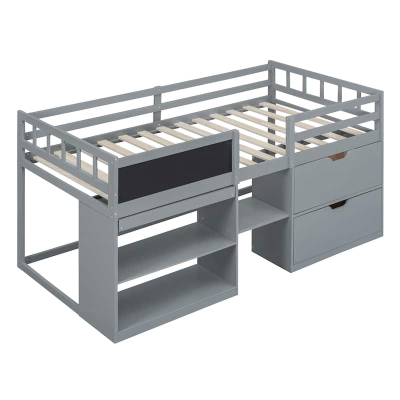 Multifunctional Twin Loft Bed with Rolling Desk, Storage Drawers, Shelves, and Blackboard, Space-Saving Design