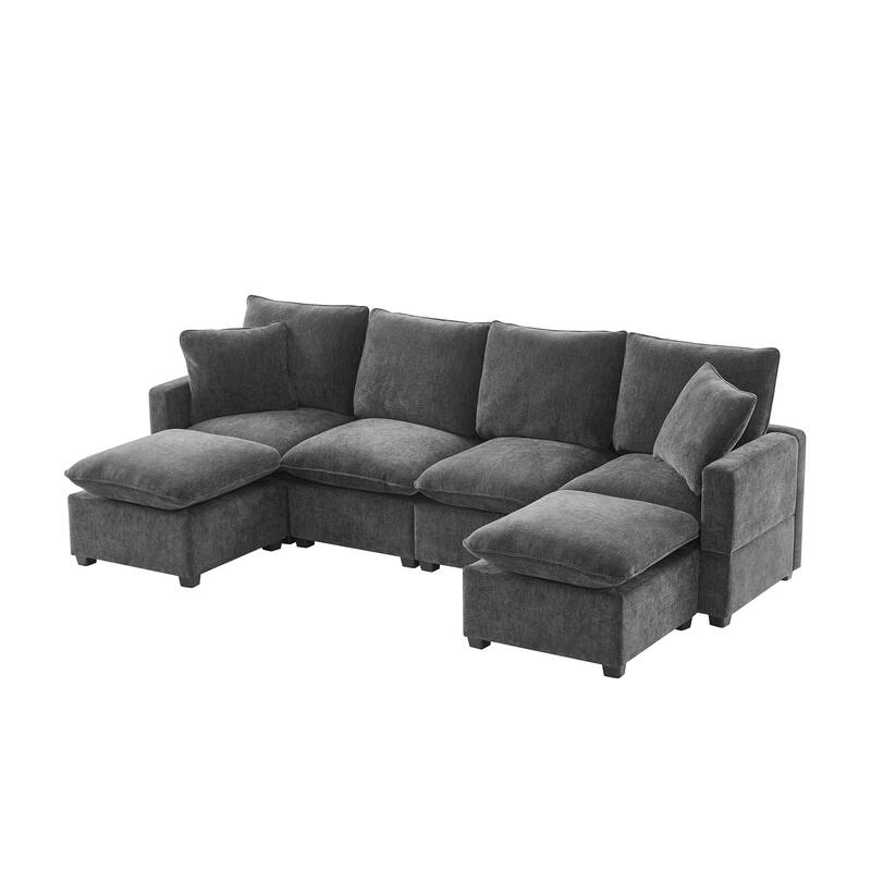 Dark Grey Chenille Deep Seat Ushape Sectional Sofa Sets w/ Ottoman
