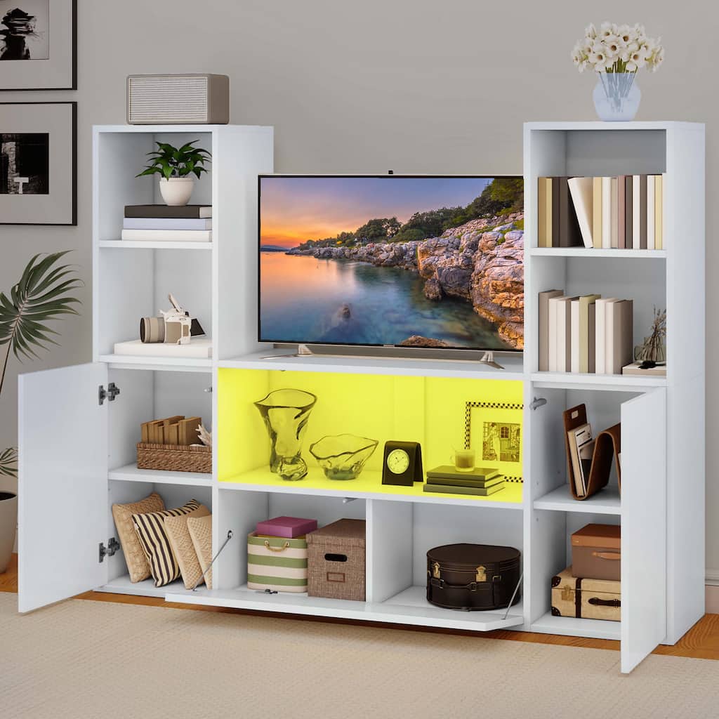 Moasis Modern LED Glossy TV Stand Media Console with Open Shelves for Living Room
