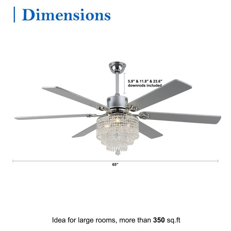 CurveCurio 65" Lagre Ceiling Fan w Crystal Light Shade and Wood Blades, Quiet DC Motor w Remote For Large Room - 65" * 65" * 26"