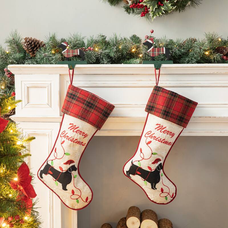 Glitzhome 21"L Embroidered Linen Red Truck Dachshund Christmas Stocking