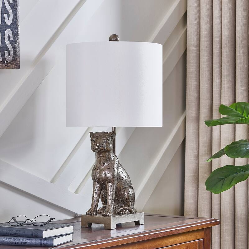 23"H Grey Resin Leopard Table Lamp With Shade - 12" x 12" x 23"