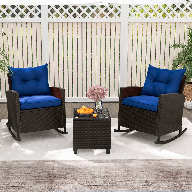 3-Pieces Patio Rattan Roker Chairs with Tufted Soft Cushions and Square Tempered Glass Table - 31.5" x 26" x 31.5"