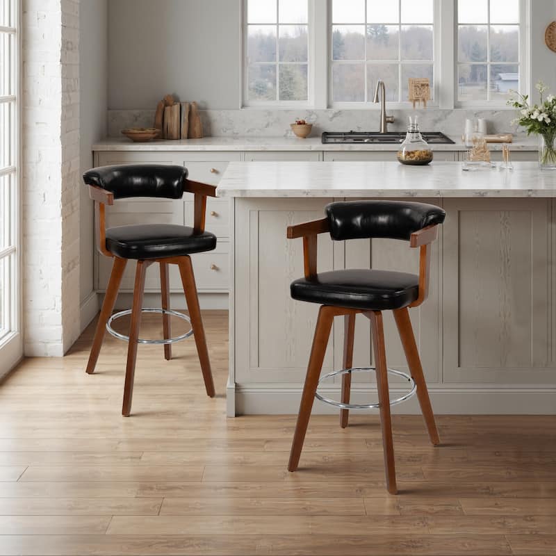 Solid Wood and Faux Leather Swivel Barstool (Set of 2) - Black