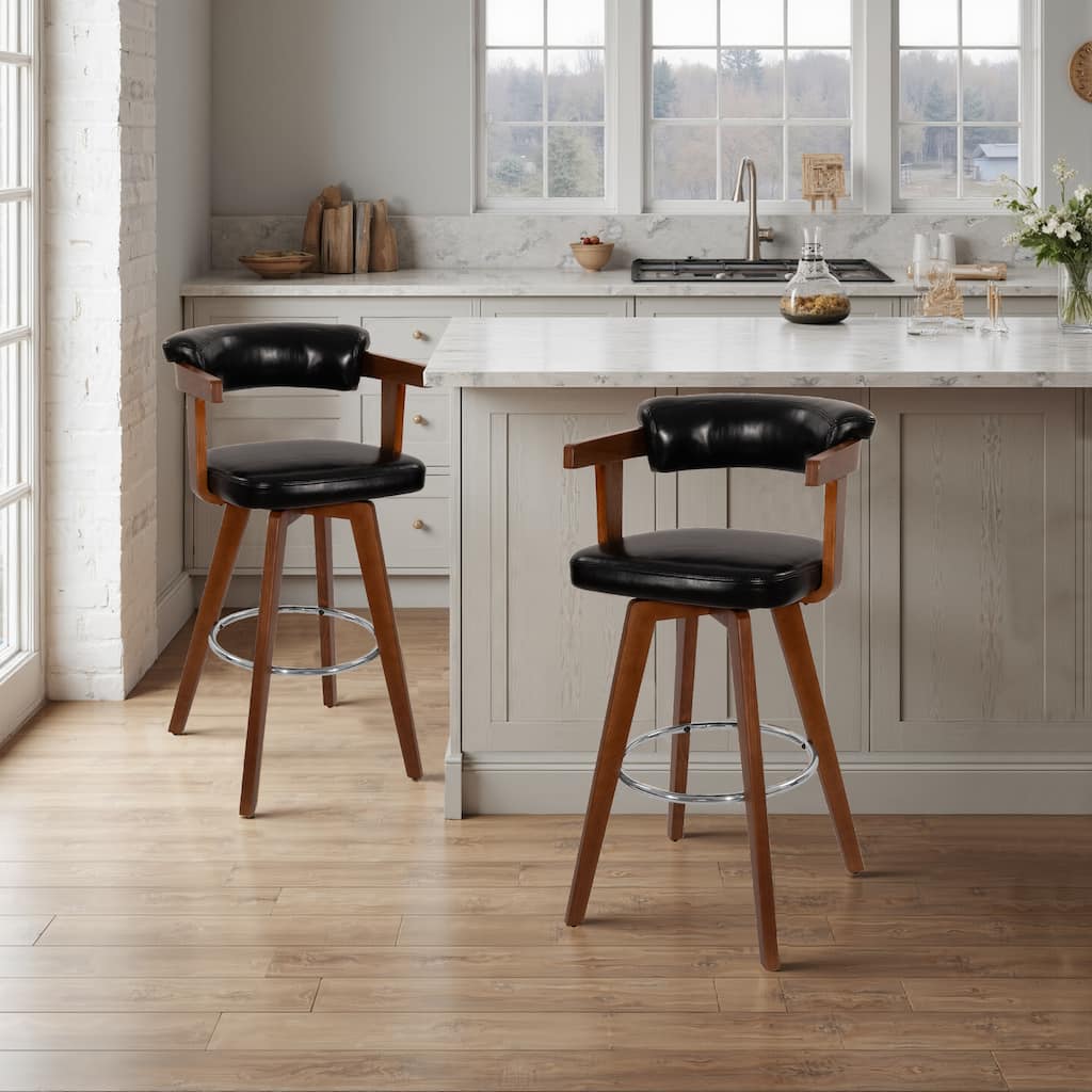 Solid Wood and Faux Leather Swivel Barstool (Set of 2)