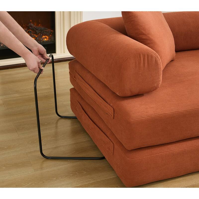 Folding Couch Convertible into King Size Floor Bed, 4-in-1 Corduroy Sleeper Sofa Bed with Moved Armrests and Non-Slip Pad