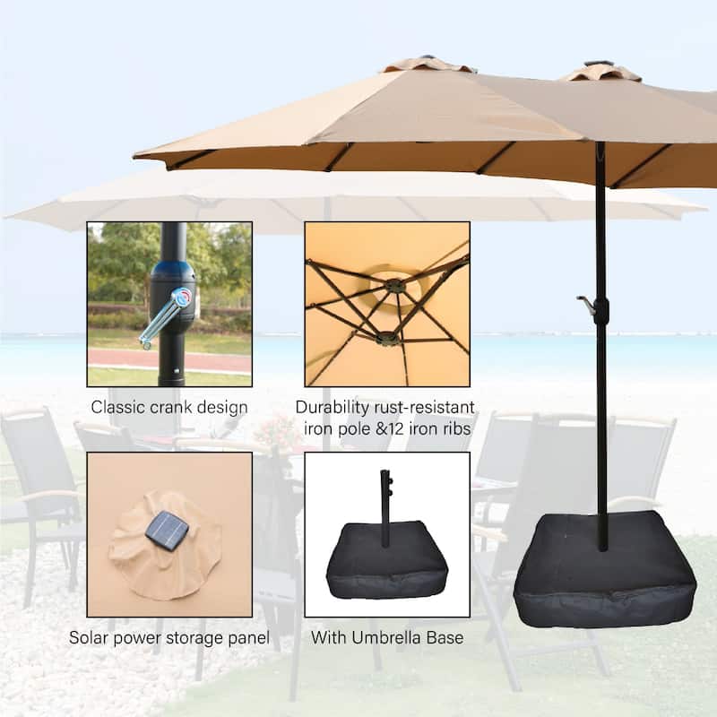 15x9FT Large Double-Sided Rectangular Outdoor Twin Patio Market Umbrella with Light and Base