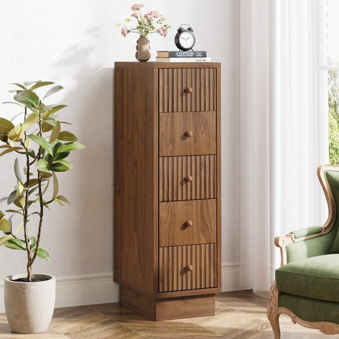 39.4" Tall Narrow Dresser Chest, Rustic 5-Drawer Storage Cabinet - Brown