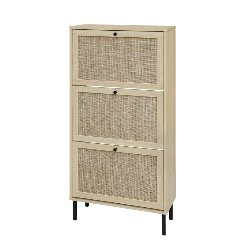GDFStudio - Natural Rattan Modern Shoe Storage Cabinet with 3 Doors