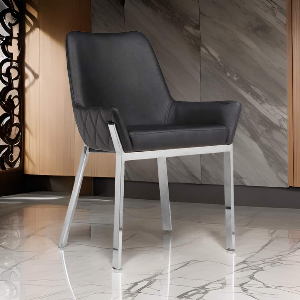 Fuma 23 Inch Set of 2 Dining Chairs, Foam Fill, Black Faux Leather, Silver