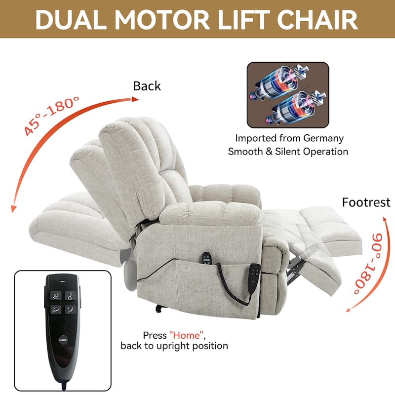Beige Chenille Power Lift Recliner Chair with Dual Motor Massage Lumbar Heat