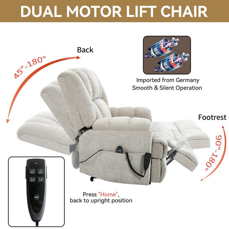 Dual Motor Heat Massage Infinite Position Up to 350 LBS Electric Power Lift Recliners with Power-Remote, Medium-firm