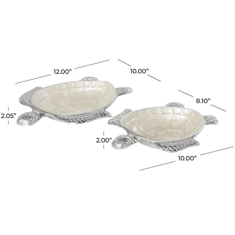 Aluminum Metal Turtle Handmade Enameled Decorative Bowl with Silver Exterior - Set of 2 White, Teal, Blue - Roche River Decor