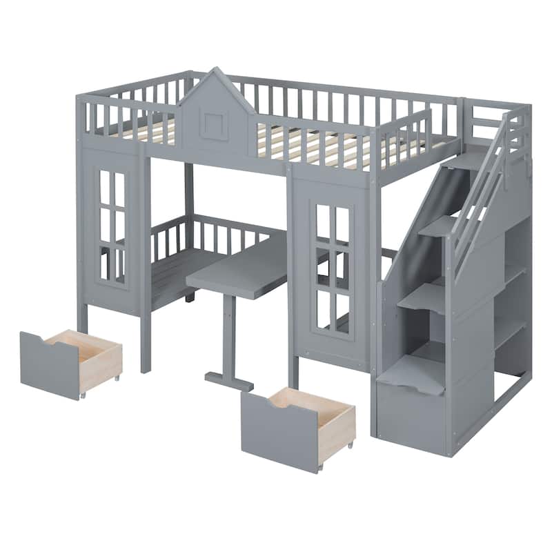 Full Size Wooden Loft Bunk Bed with Table, Seats, and Storage Shelves