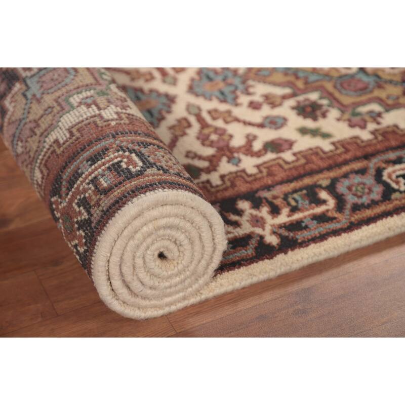 Geometric Beige Heriz Serapi Runner Rug Hand-Knotted Wool Carpet - 2'7"x 7'11"