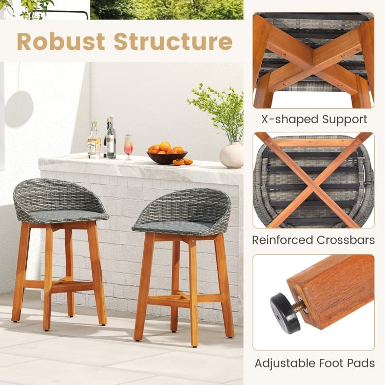 Acacia Wood and Rattan Patio Bar Stools Set of 2 with Backrest and Armrests - 21" x 19" x 32.5" (L x W x H)