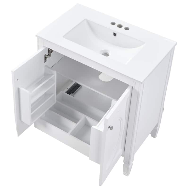30" No-Installation Bathroom Vanity Set with Ceramic Sink & Wall-Mounted Medicine Cabinet, Modern White