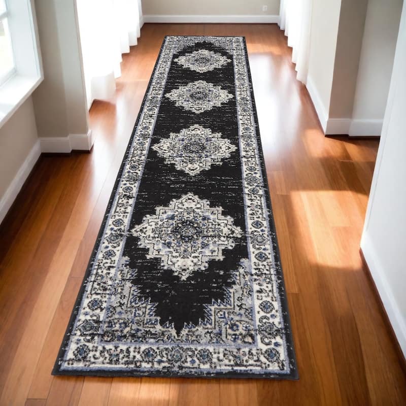 Makoy Power Loomed Distressed Floral Traditional Area Rug By HomeRoots - 120' X '26' X '0.5 - 120' X '26' X '0.5 - Black and Ivory - Runner