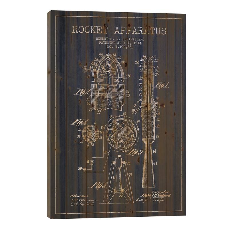 Rocket Apparatus Navy Blue Patent Blueprint Print On Wood by Aged Pixel - Multi-Color - 26x18x1.5