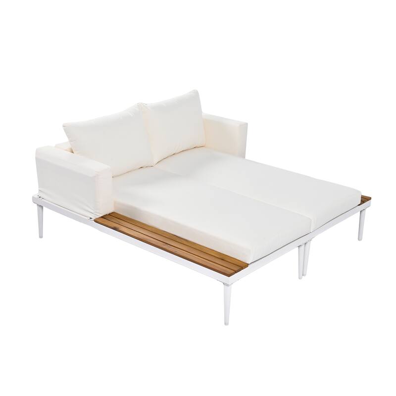 Outdoor Patio Daybed with Acacia Wood Topped Side Spaces, 2-in-1 Design, Adjustable Leg Supports, and Washable Cushions