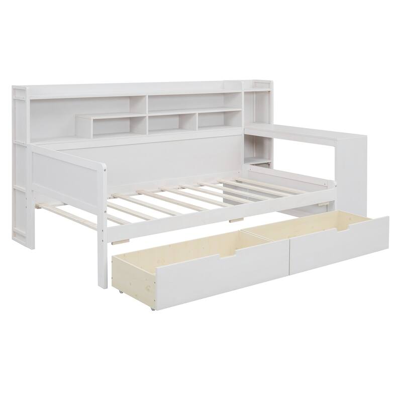 Wooden Daybed with Storage Shelves, Multi-functional Bed with Two Storage Drawers and Study Desk