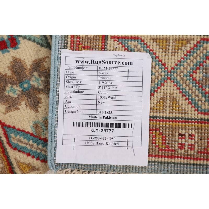 Turquoise Blue Kazak Oriental Accent Rug Hand-Knotted Wool Carpet - 2'9" x 3'11"