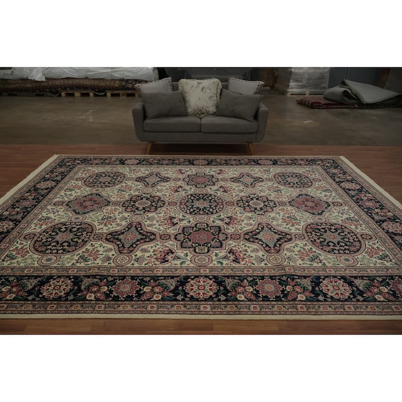 Hand Knotted Oriental 100% Wool Carpet Traditional Floral Beige & Ivories Aubusson Area Rug - 12' 3'' X 9' 1''